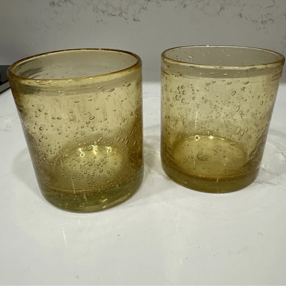 Vintage Blown Glass Bubble Tumblers Yellow/Amber Set Of 2, 4” Tall, 12 oz